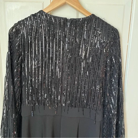 Eliza J Sequin Fringe Long Sleeve Jumpsuit Black 8 Evening Black Tie - Picture 13 of 14